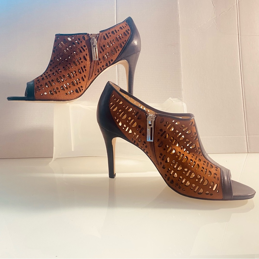 Calvin Klein Black/ Brown OpenToe textured High heel Ankle Boots Designer SZ 8M